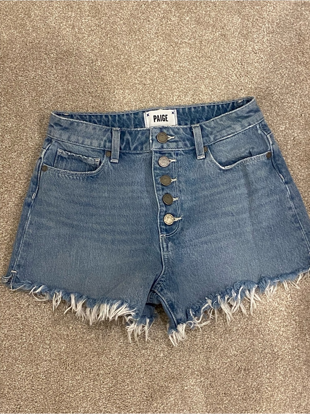 PAIGE Light Blue Button-Front Denim Cutoff Shorts